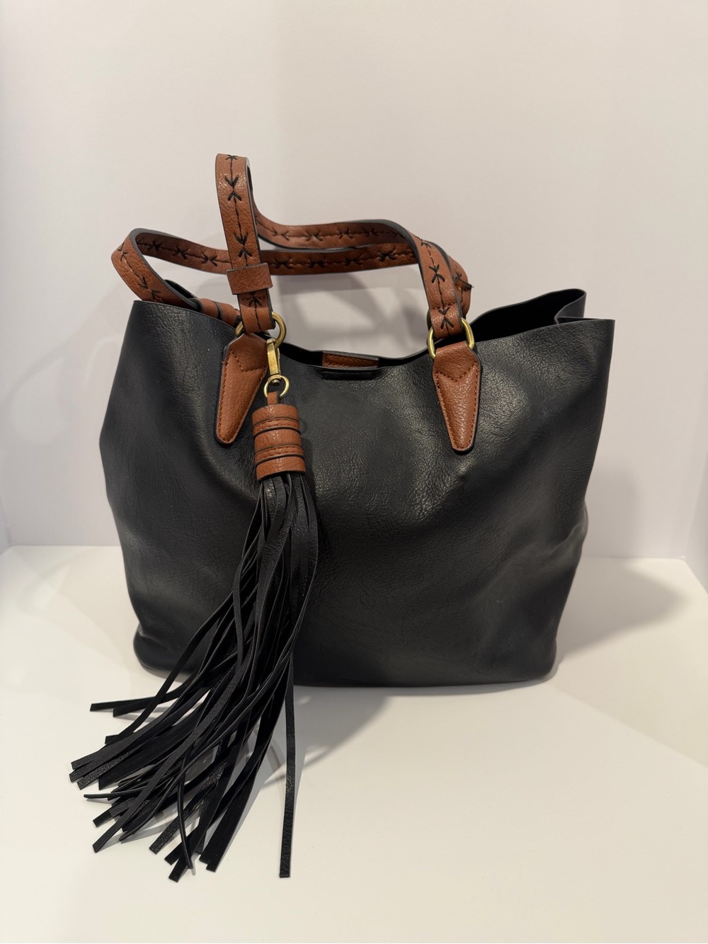 Jen & Co. Black Leather Tote with Brown Trim and Tassel